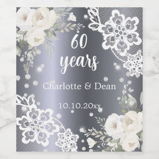 60周年記念結婚シルバー花模様 ワインラベル (シングルラベル)