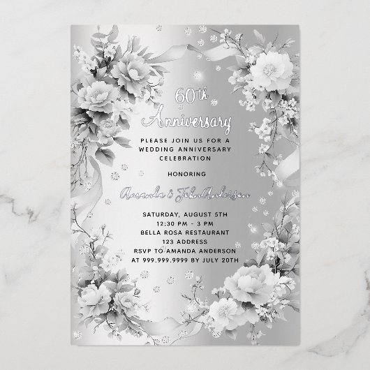 60周年記念結婚ダイヤモンドシルバー花模様 箔招待状 (正面)