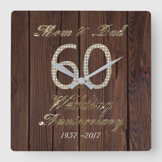 60周年記念結婚ダイヤモンド結婚の両親 スクエア壁時計 (正面)