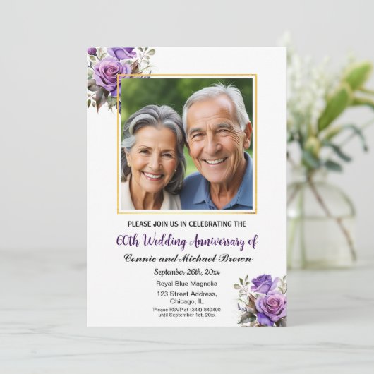 60周年記念結婚金ゴールド枠パープルバラ 招待状 (スタンド正面)