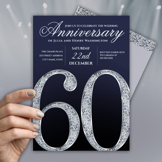60周年 ダイヤモンド シルバー ネイビーブルー モダン 招待状