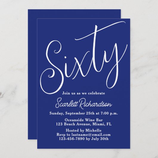 60回モダン脚本ネイビーブルー60th誕生日パーティー 招待状 (正面/裏面)