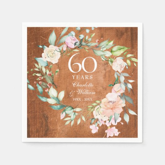 60回目の結婚記念日のレトロな木のバラ スタンダードカクテルナプキン (正面)