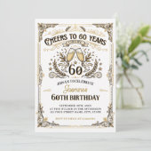 60年への乾杯 ヴィンテージ ゴールド ホワイト 誕生日 招待状 (スタンド正面)
