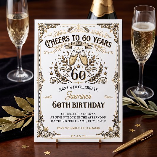 60年への乾杯 ヴィンテージ ゴールド ホワイト 誕生日 招待状