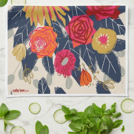 60年代のスタイルネイビーと赤とピンクの花茶タオル キッチンタオル (折り畳み)