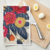 60年代のスタイルネイビーと赤とピンクの花茶タオル キッチンタオル (四つ折り)