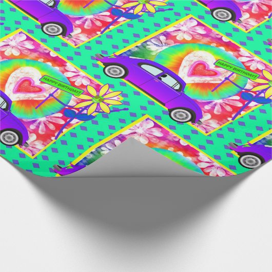 60年代のテーマの絞り染めのハッピーバースデー ラッピングペーパー (角)