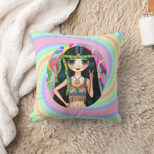 60年代のヒッピーの女の子の点滅のピースサイン クッション (ブランケット)