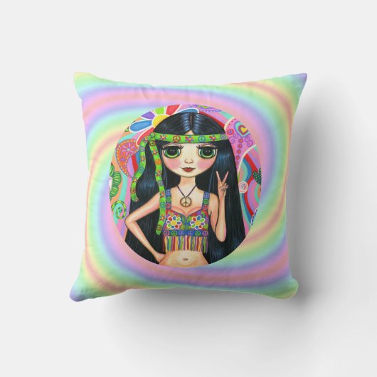 60年代のヒッピーの女の子の点滅のピースサイン クッション (裏面)