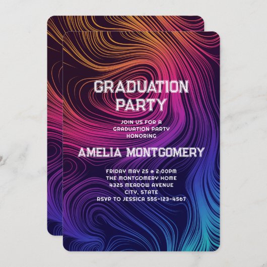 60年代のビーサークルと渦巻きパターンの卒業 招待状 (正面/裏面)