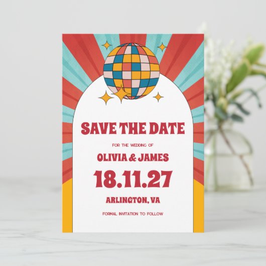 60年代のレトロビニールミュージックウェディング日付を保存 招待状 (スタンド正面)