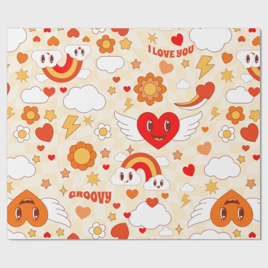 60年代の溝深いアーポップ・アートのトのバレンタインの虹の雲の天使 ラッピングペーパー (フラット)