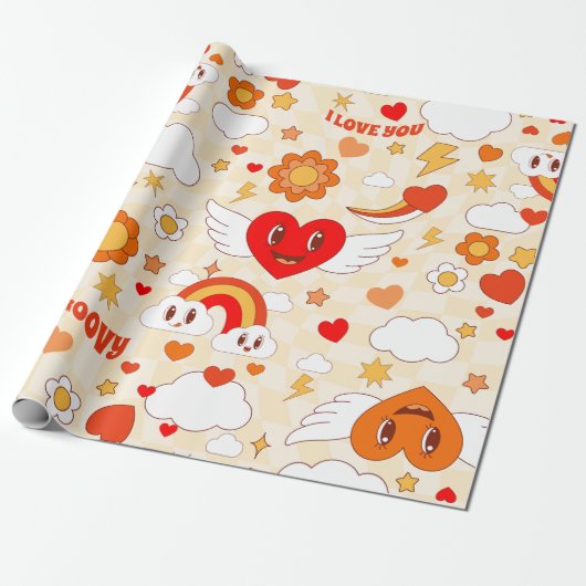 60年代の溝深いアーポップ・アートのトのバレンタインの虹の雲の天使 ラッピングペーパー (アンロールド)
