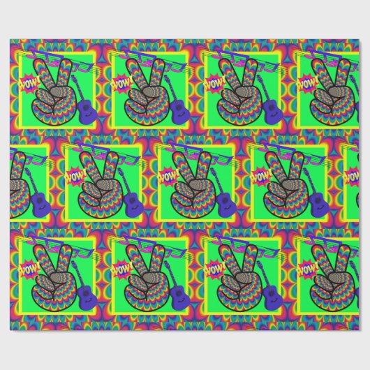 60年代の70年代のレトロのピースサインのギターのネオン色 ラッピングペーパー (フラット)