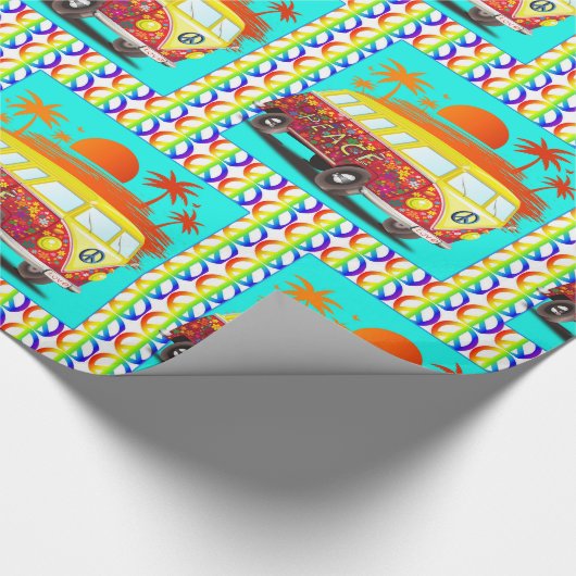 60年代の70年代のレトロの腰回りが大きなヴァンのピースサインの日没 ラッピングペーパー (角)