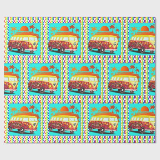 60年代の70年代のレトロの腰回りが大きなヴァンのピースサインの日没 ラッピングペーパー (フラット)