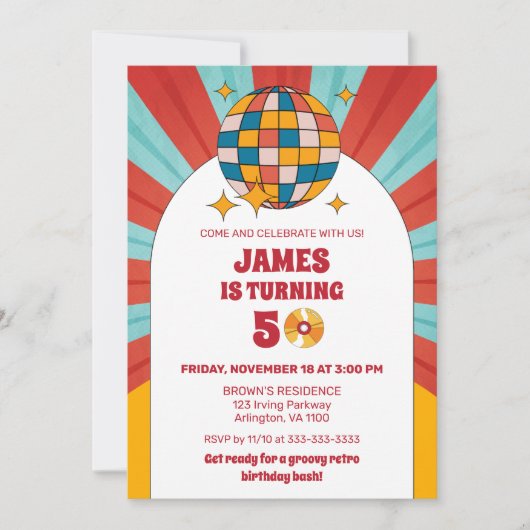 60年代レトロ50番目60番目70番目の大人の誕生日Groovy 招待状 (正面)