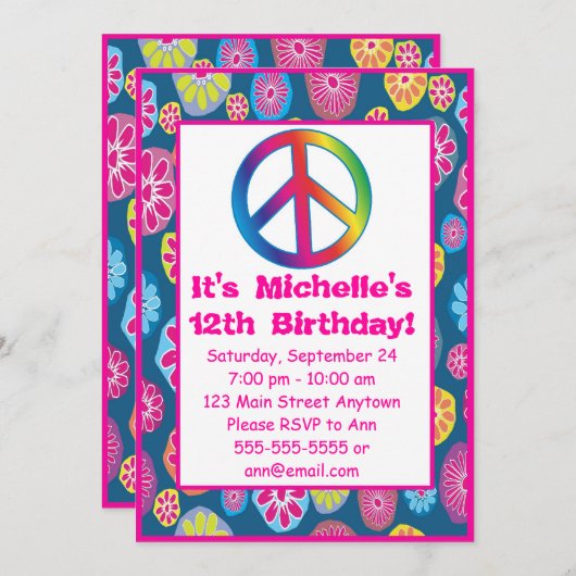 60年代素晴しい愛平和バースデーパーティ招待状 招待状 (正面/裏面)