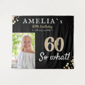 60感動的誕生日ブラックフォトバックグラウンド タペストリー (正面(横))