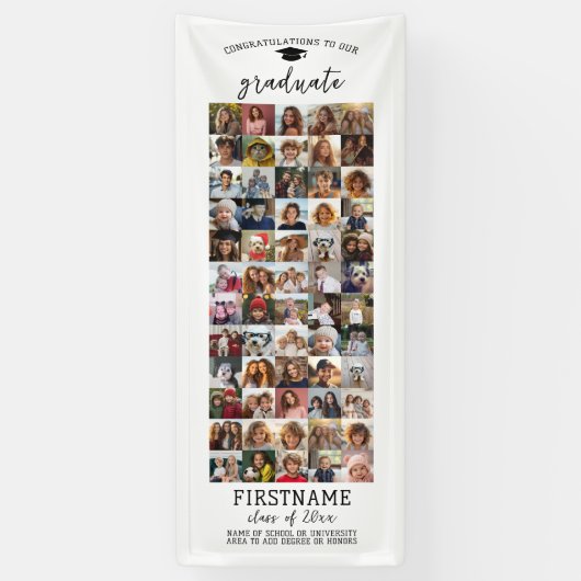 60枚の写真を使ったコラージュ　モダンでミニマルなデザインの卒業記念アルバム　白 横断幕 (縦)