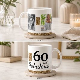 60歳おめでとう ゴールドラメ 2枚の写真入り 60歳の誕生日 コーヒーマグカップ