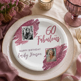 60歳お誕生日おめでとう ピンクグリッター 2枚の写真入り 60歳の誕生日 ペーパープレート