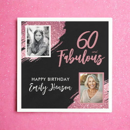 60歳お誕生日おめでとう ピンクグリッター 2枚の写真 60歳の誕生日 スタンダードカクテルナプキン