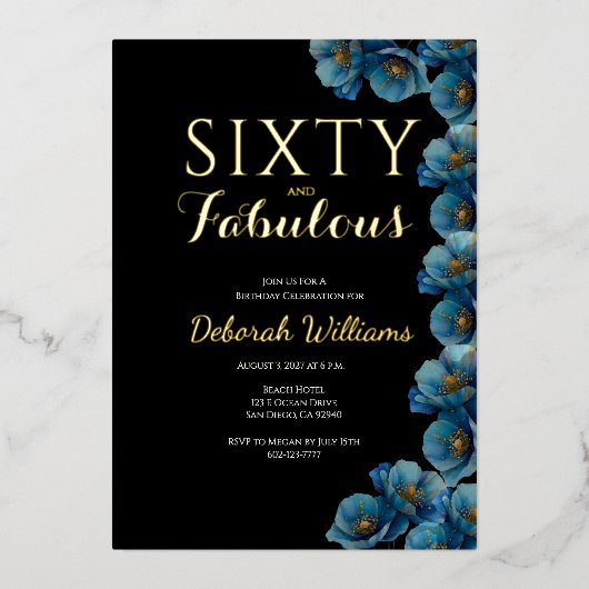 60歳で素敵なブルー花柄の誕生日パーティー 箔招待状 (正面)