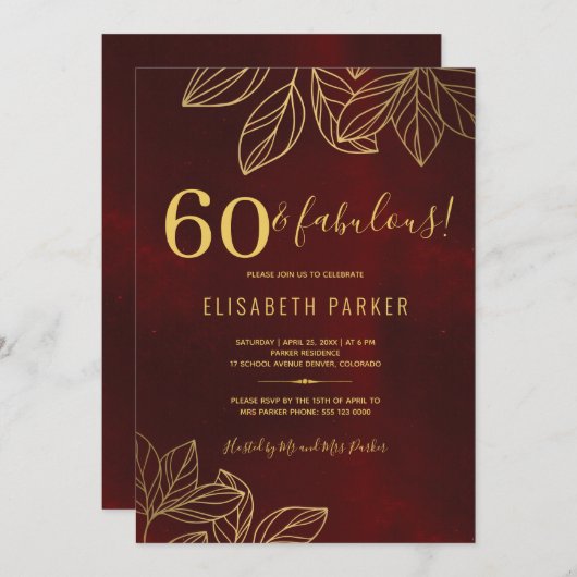 60歳と素晴らしい金ゴールドエレガント60歳の誕生日パーティー 招待状 (正面/裏面)