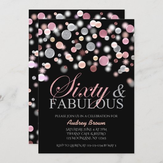 60歳と素晴らしい60歳の誕生日、ピンクシルバー 招待状 (正面/裏面)