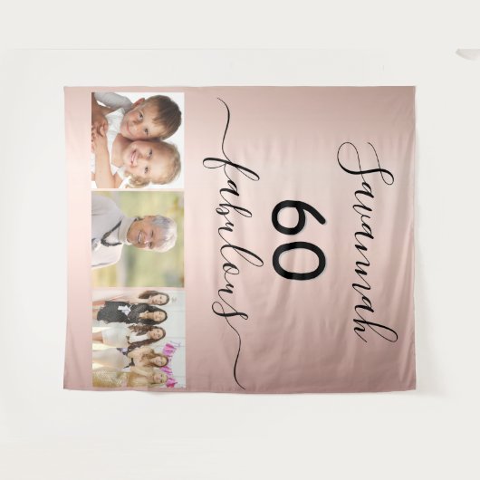 60歳のサプライズパーティーにぴったりな、素敵なカスタムフォトアルバム ローズゴールド タペストリー (正面(横))