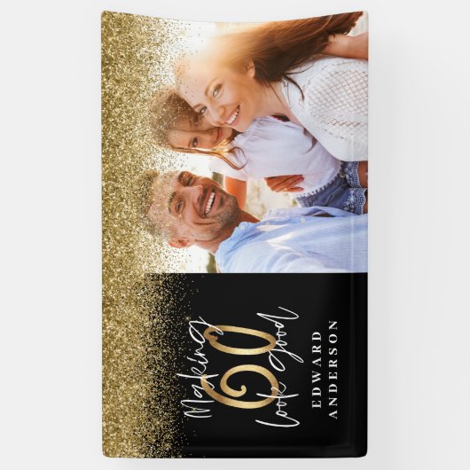 60歳のバースデーモダンタブラックと金ゴールドグリッター写真 横断幕 (縦)