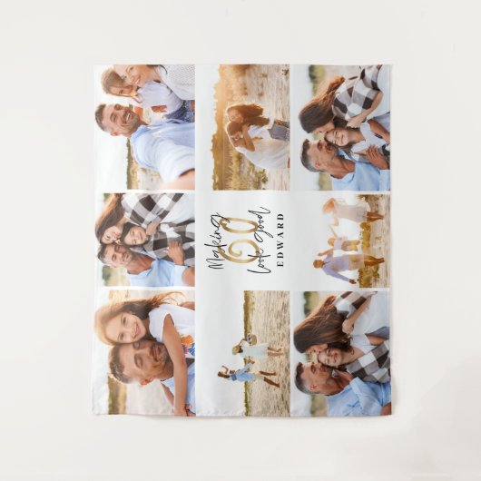 60歳のバースデーモダンタブラック&金ゴールド写真コラージュ タペストリー (正面)