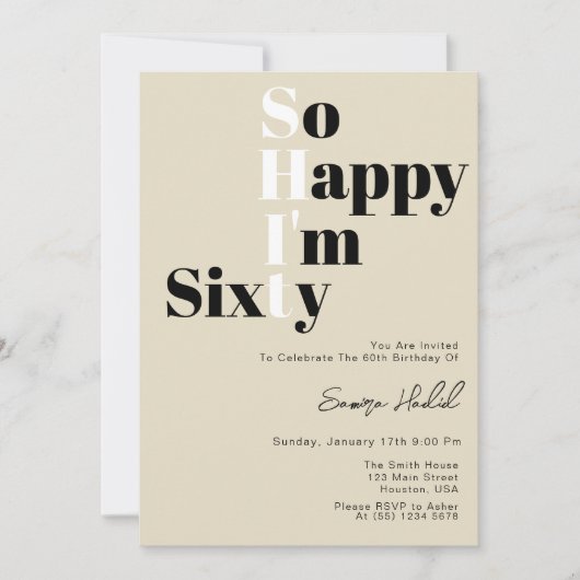 60歳のベージュはっきりした60歳の誕生日パーティー 招待状 (正面)