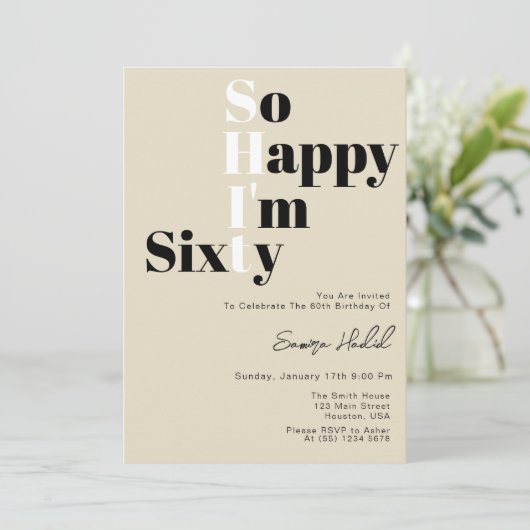60歳のベージュはっきりした60歳の誕生日パーティー 招待状 (スタンド正面)