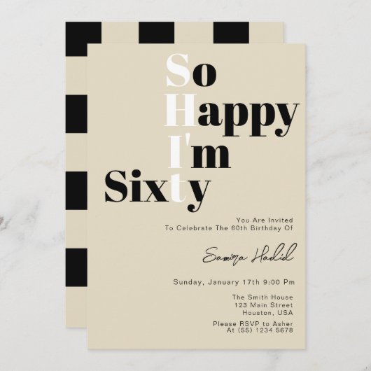 60歳のベージュはっきりした60歳の誕生日パーティー 招待状 (正面/裏面)