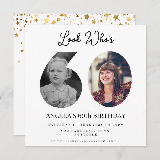60歳の写真モンテージ誕生日パーティー 招待状 (正面/裏面)