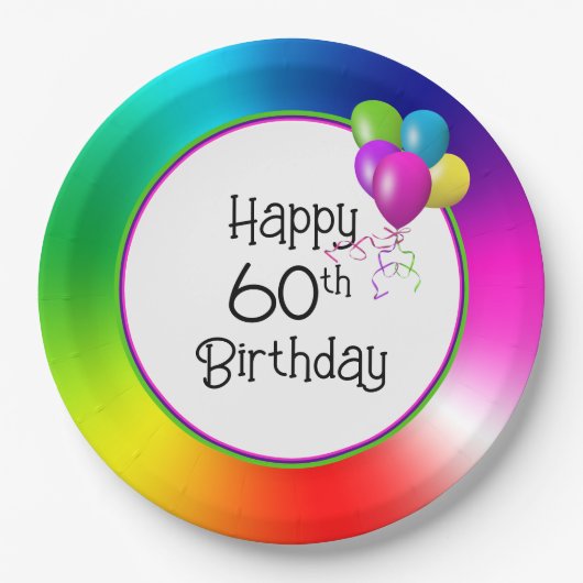 60歳の誕生日おめでとうレインボー ペーパープレート (正面)