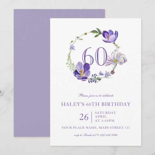 60歳の誕生日おめでとう パープルの花 招待状 (正面/裏面)