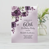 60歳の誕生日おめでとう パープル ホワイトの花と蝶々 招待状 (スタンド正面)