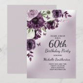 60歳の誕生日おめでとう パープル ホワイトの花と蝶々 招待状 (正面/裏面)