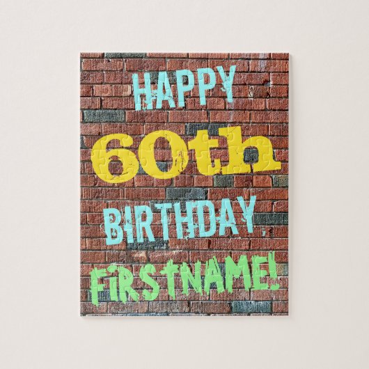 60歳の誕生日おめでとう+名前のグラフィティ壁 ジグソーパズル (縦)