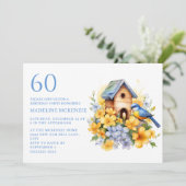 60歳の誕生日おめでとう 鳥と鳥小屋 青と黄色の花 招待状 (スタンド正面)