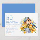 60歳の誕生日おめでとう 鳥と鳥小屋 青と黄色の花 招待状 (正面/裏面)