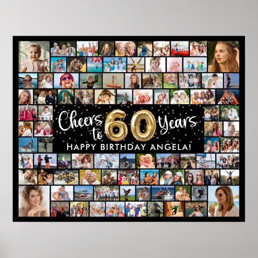 60歳の誕生日おめでとう 92枚の写真 ブラックゴールド ポスター (正面)