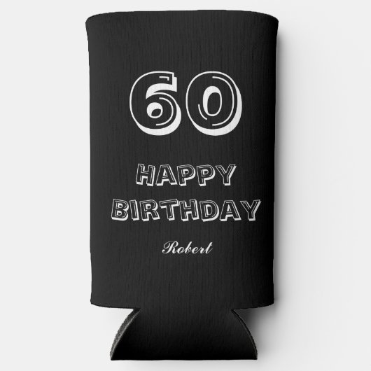 60歳の誕生日お名前入りスクリプトデザイン 白黒 スリム缶クーラー (正面)