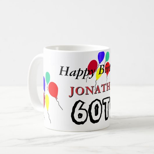 60歳の誕生日お祝いバルーン 赤 緑 何歳でも コーヒーマグカップ (正面左)