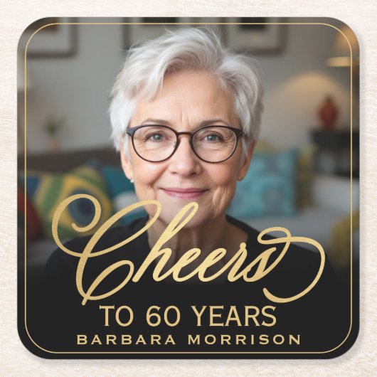 60歳の誕生日お祝いフォト ゴールド ブラック スクエアペーパーコースター (正面)
