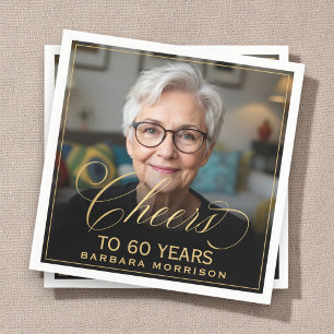 60歳の誕生日お祝いフォト ゴールド ブラック スタンダードカクテルナプキン